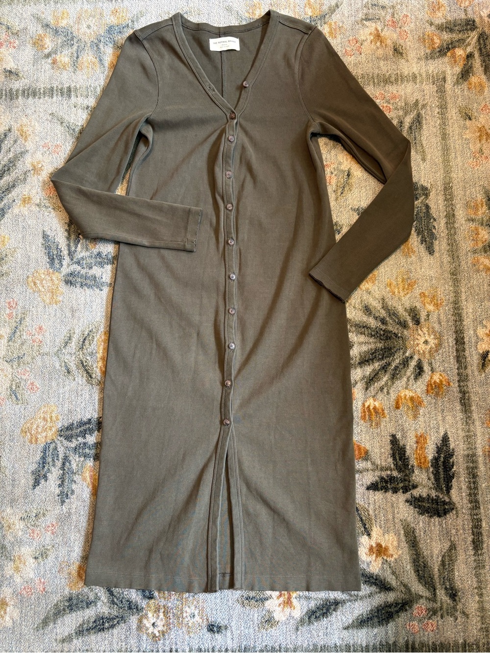 The Normal Brand Olive Green Long Sleeve Button-Front Midi Dress